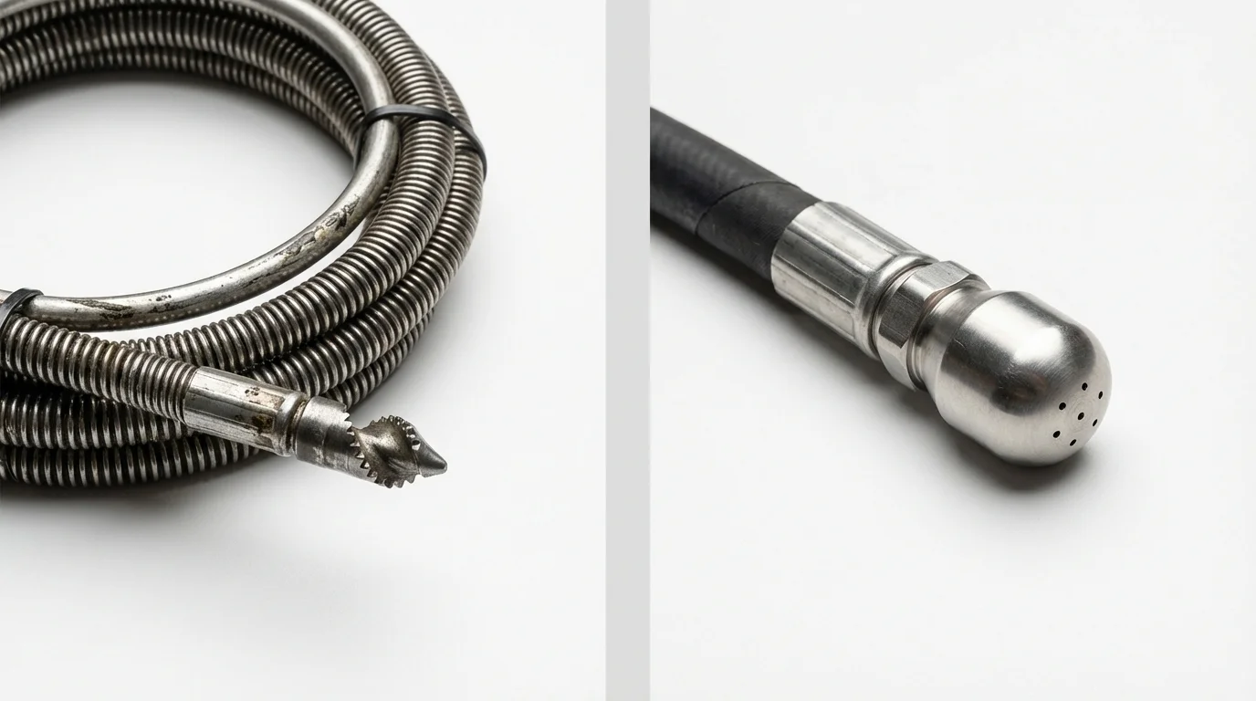 Drain snake cable and hydro jetting nozzle used for drain cleaning in Newport, RI