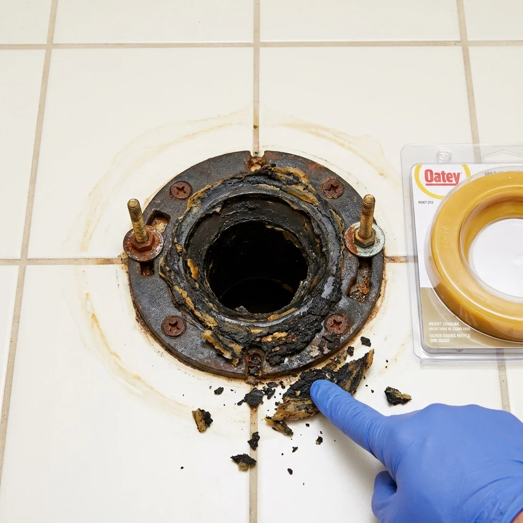 Failed wax ring showing water seepage at the base of a toilet in a Newport, RI home