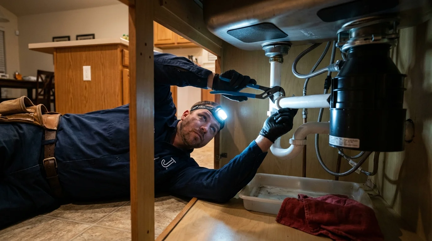 P-trap and supply line connections under a kitchen sink showing a common leak point in Newport, RI